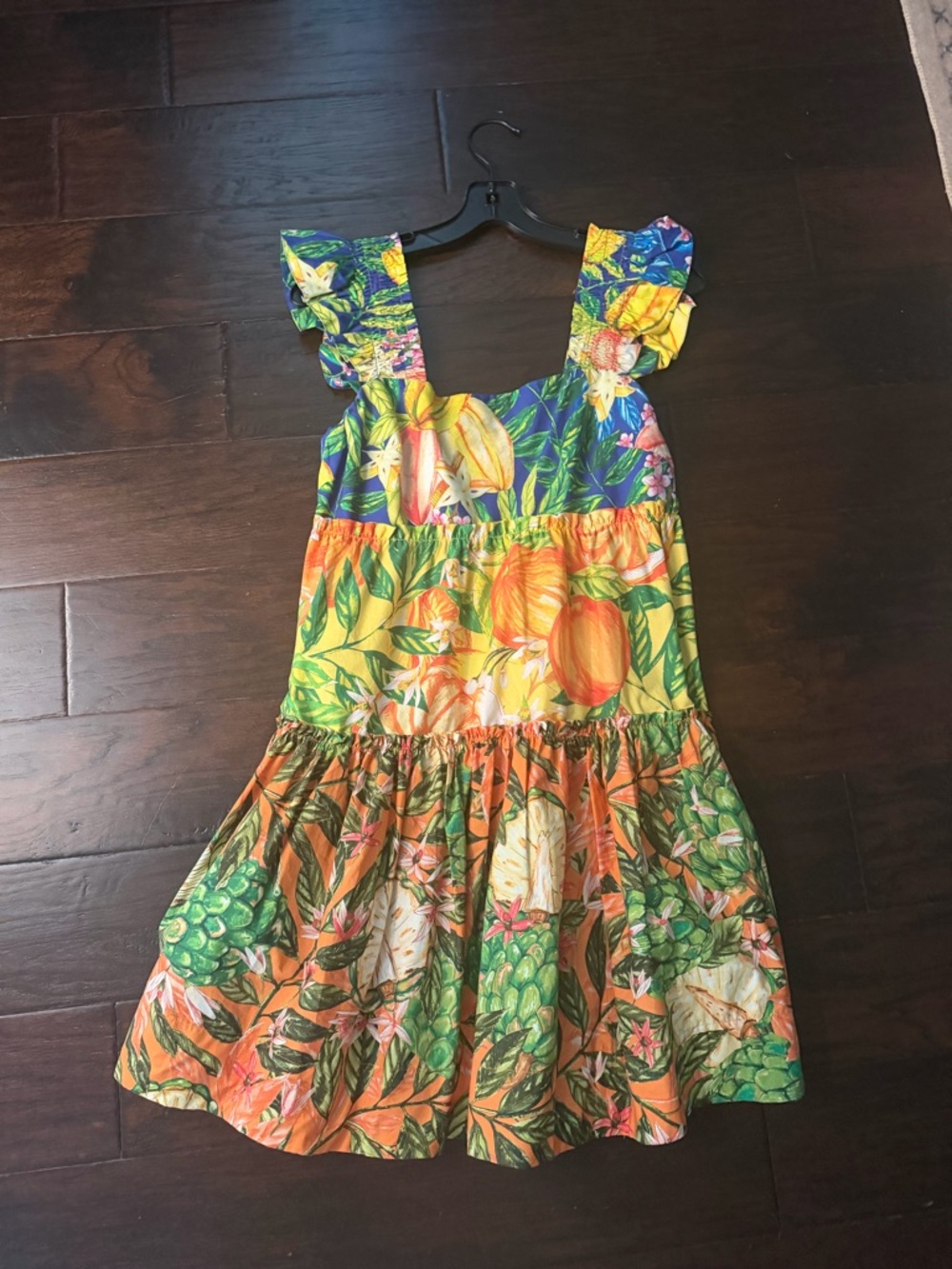 FARM Rio Yellow, Orange & Green Tiered Fruit-Print Flutter Sleeve Size XS